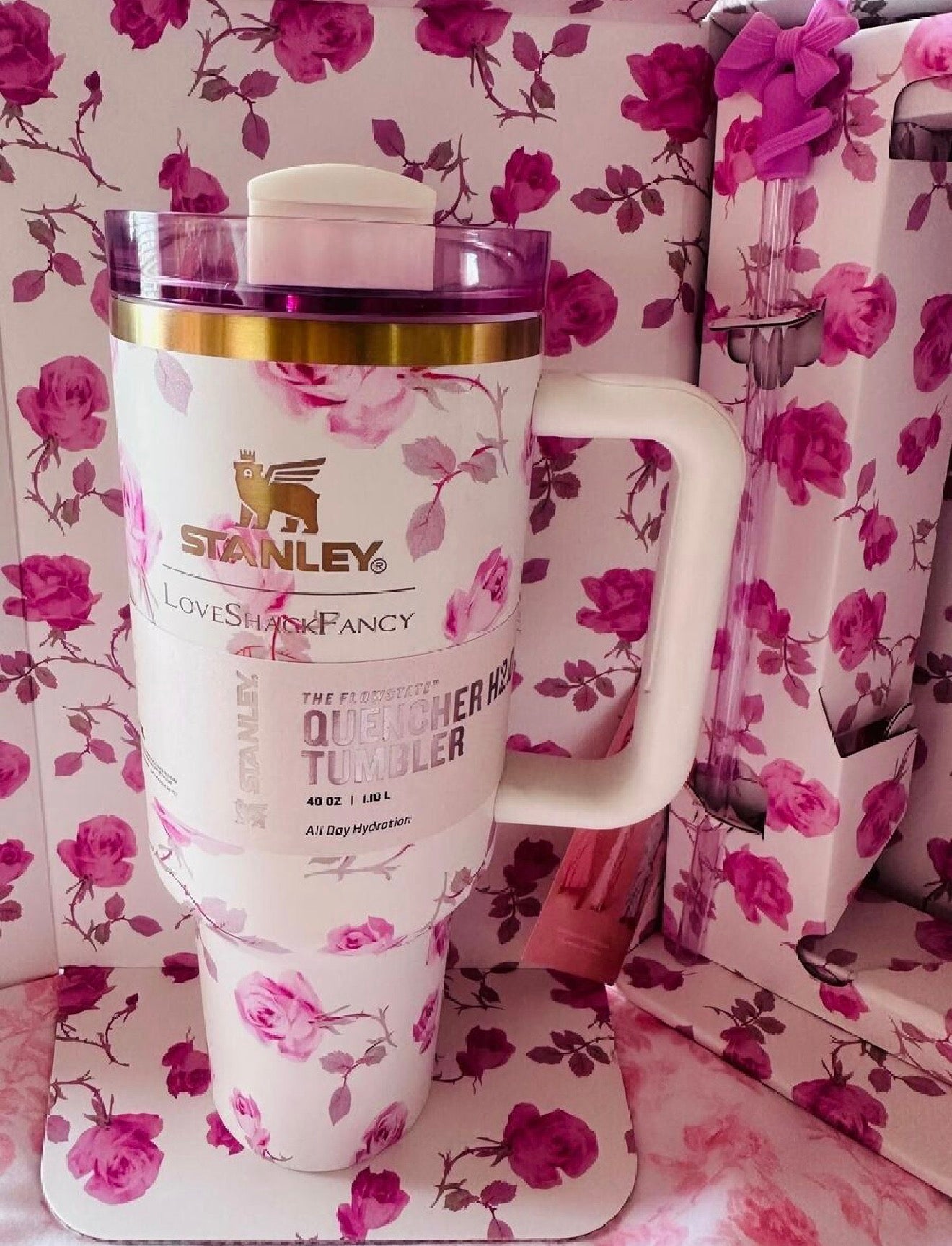 40 OZ Pink Rose Limited Tumbler with Box, Dust Bag and topper