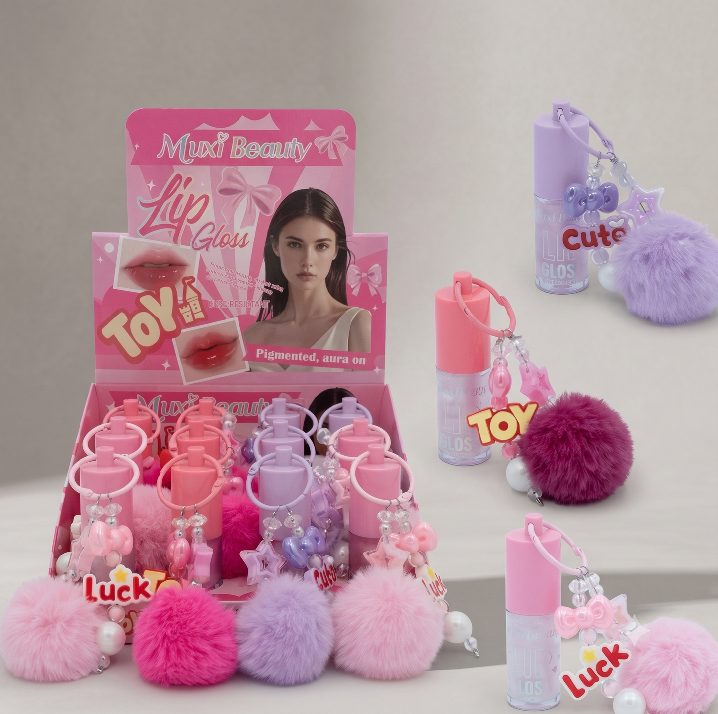 12 PC Pompom keychain lippies
