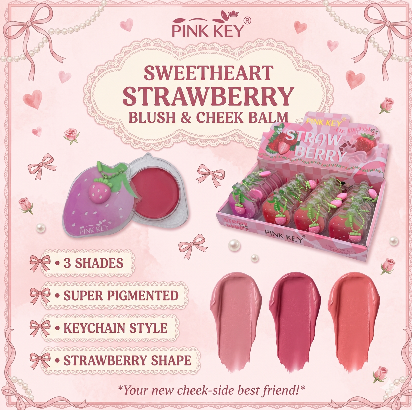 24 PC Strawberry keychain style lip and cheek balm with 3 shades