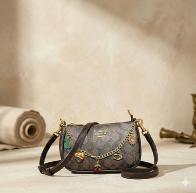 Crossbody Purse with charms and long strap- brown- no box