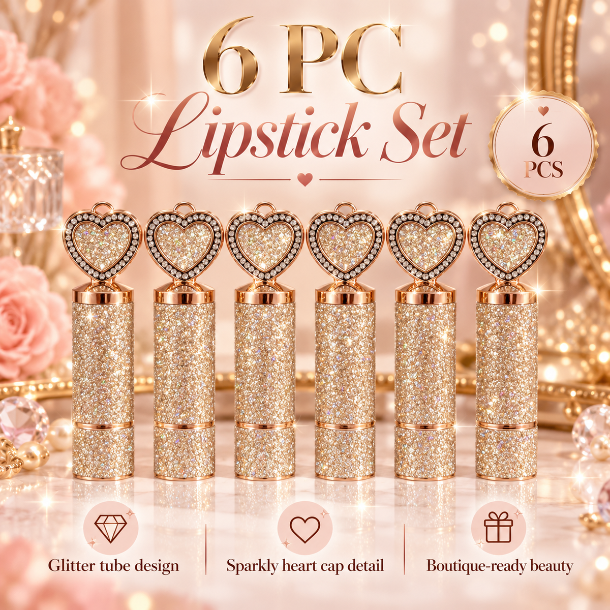 6 Piece lipstick with heart tops