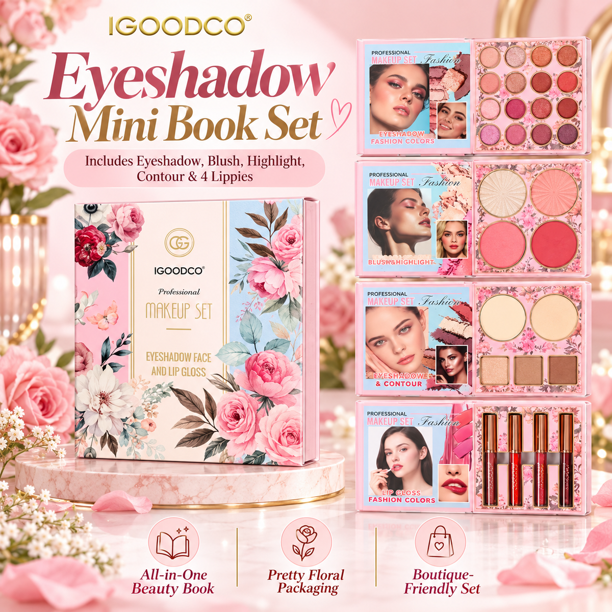 Mini eyeshadow booklet with lippies, blush, and more