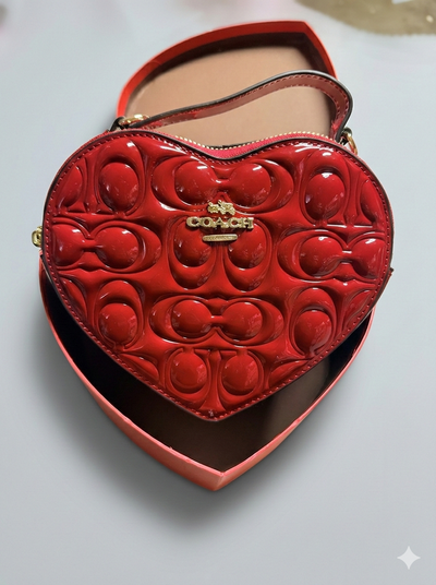 Embossed raised Logo Heart shaped Bag with Strap- HE by ART BOX INCLUDED