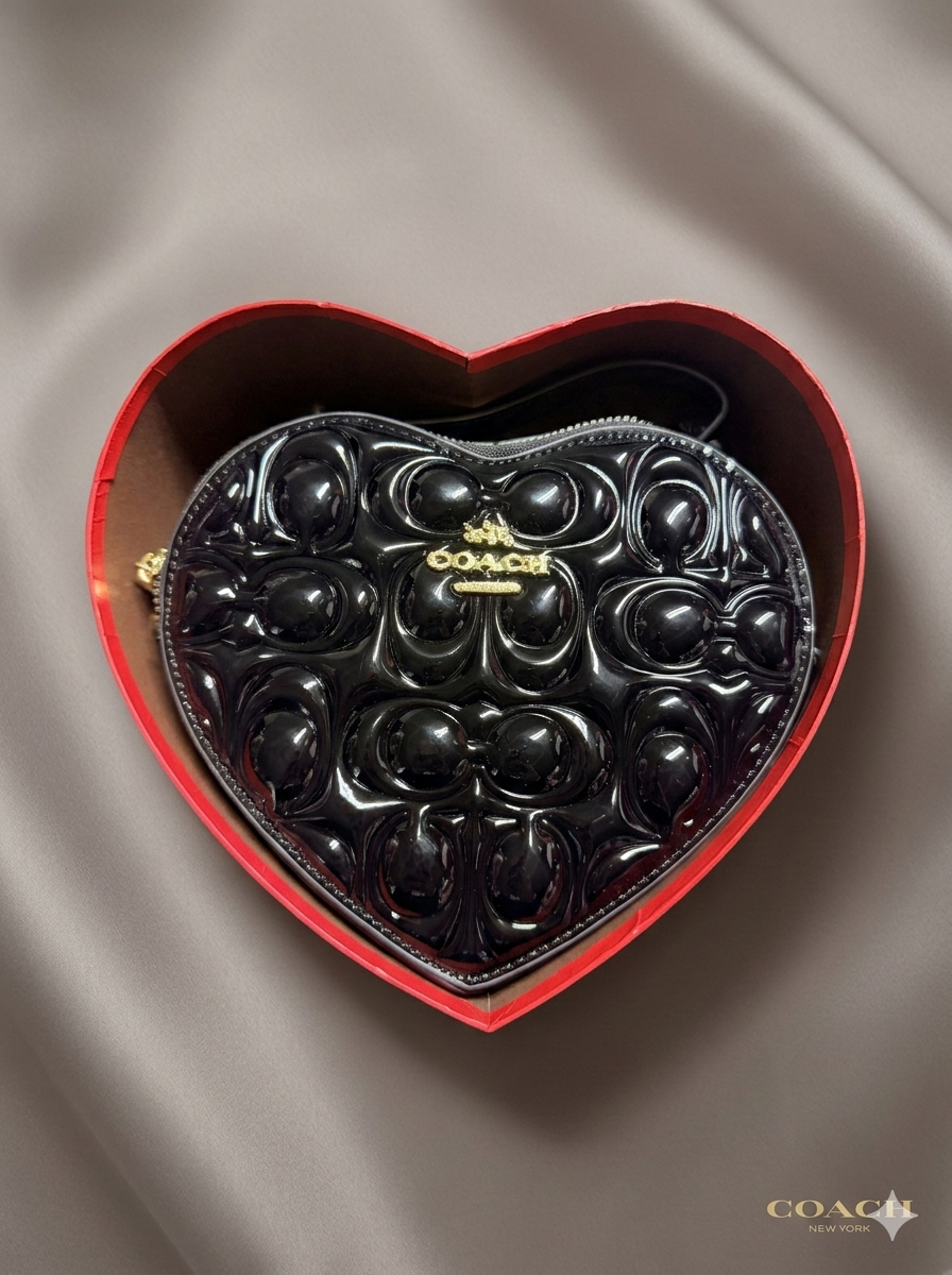 Embossed raised Logo Heart shaped Bag with Strap- HE by ART BOX INCLUDED
