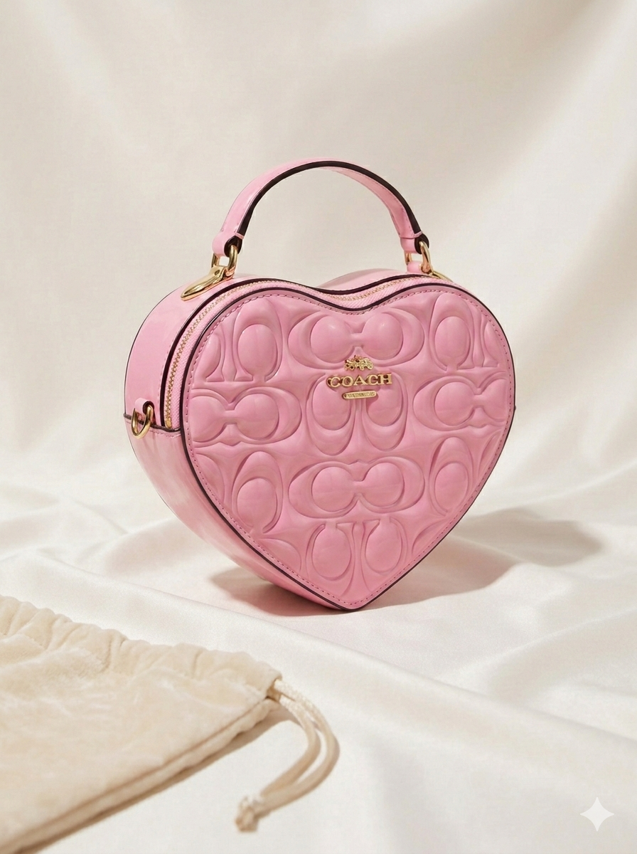 Embossed raised Logo Heart shaped Bag with Strap- HE by ART BOX INCLUDED
