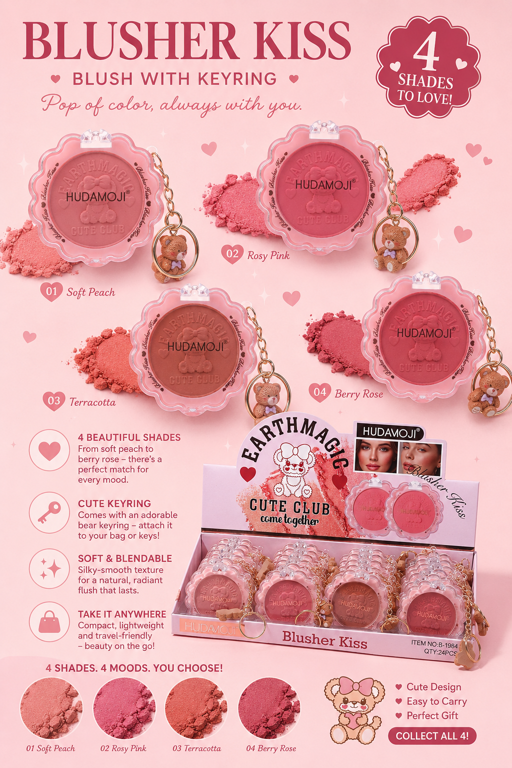 24 PC Blush- 4 shades Cute keyring!
