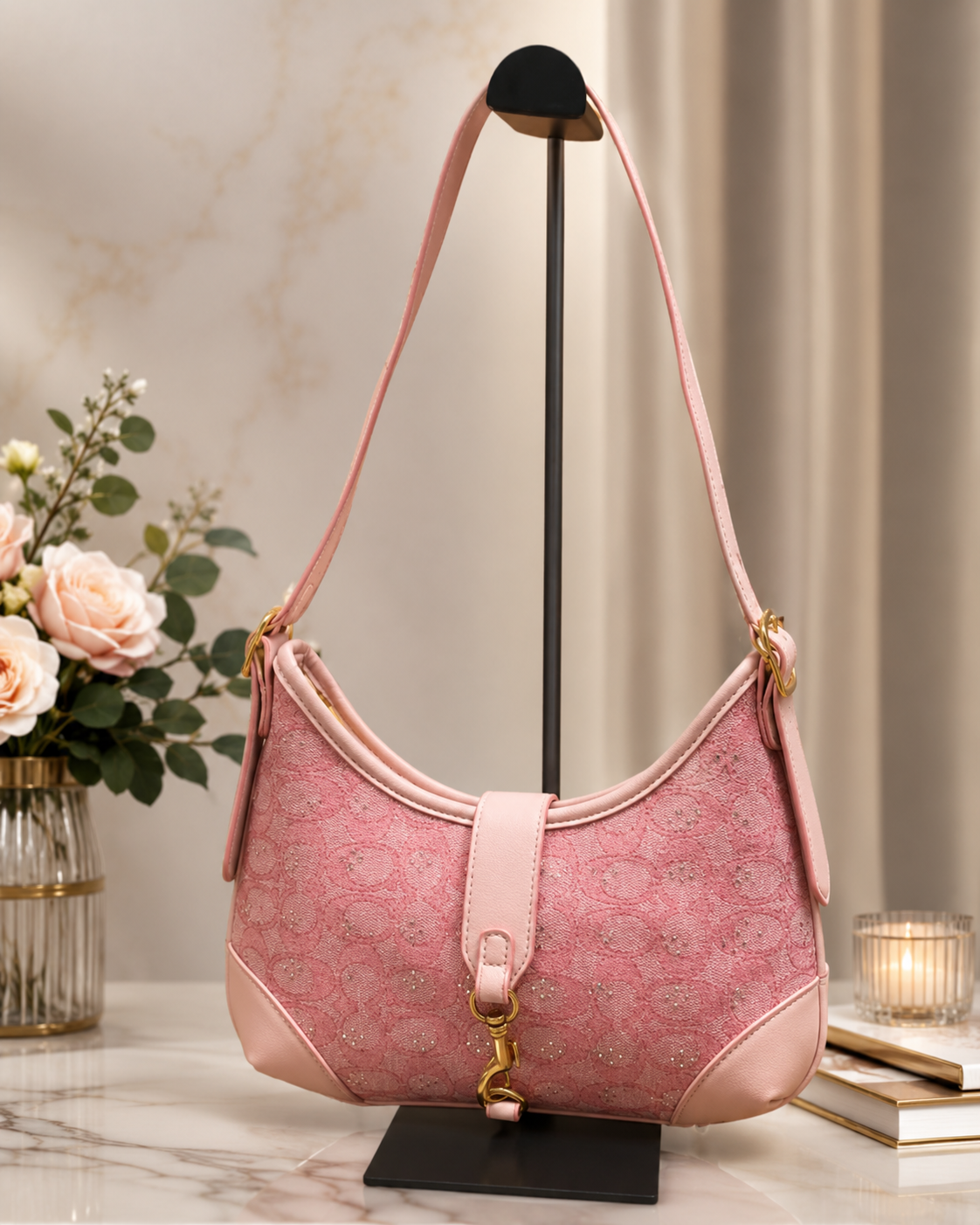 Rhinestone bling canvas bag cute shoulder strap-Pink