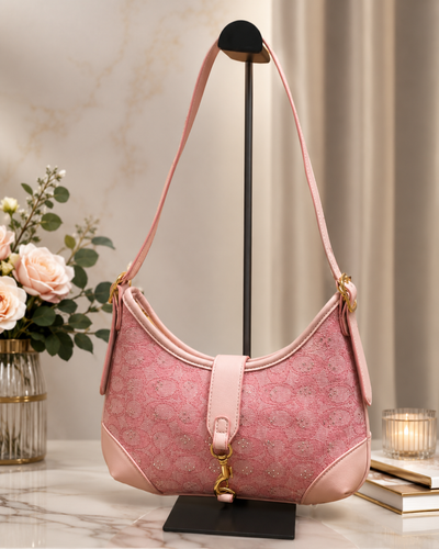 Rhinestone bling canvas bag cute shoulder strap-Pink