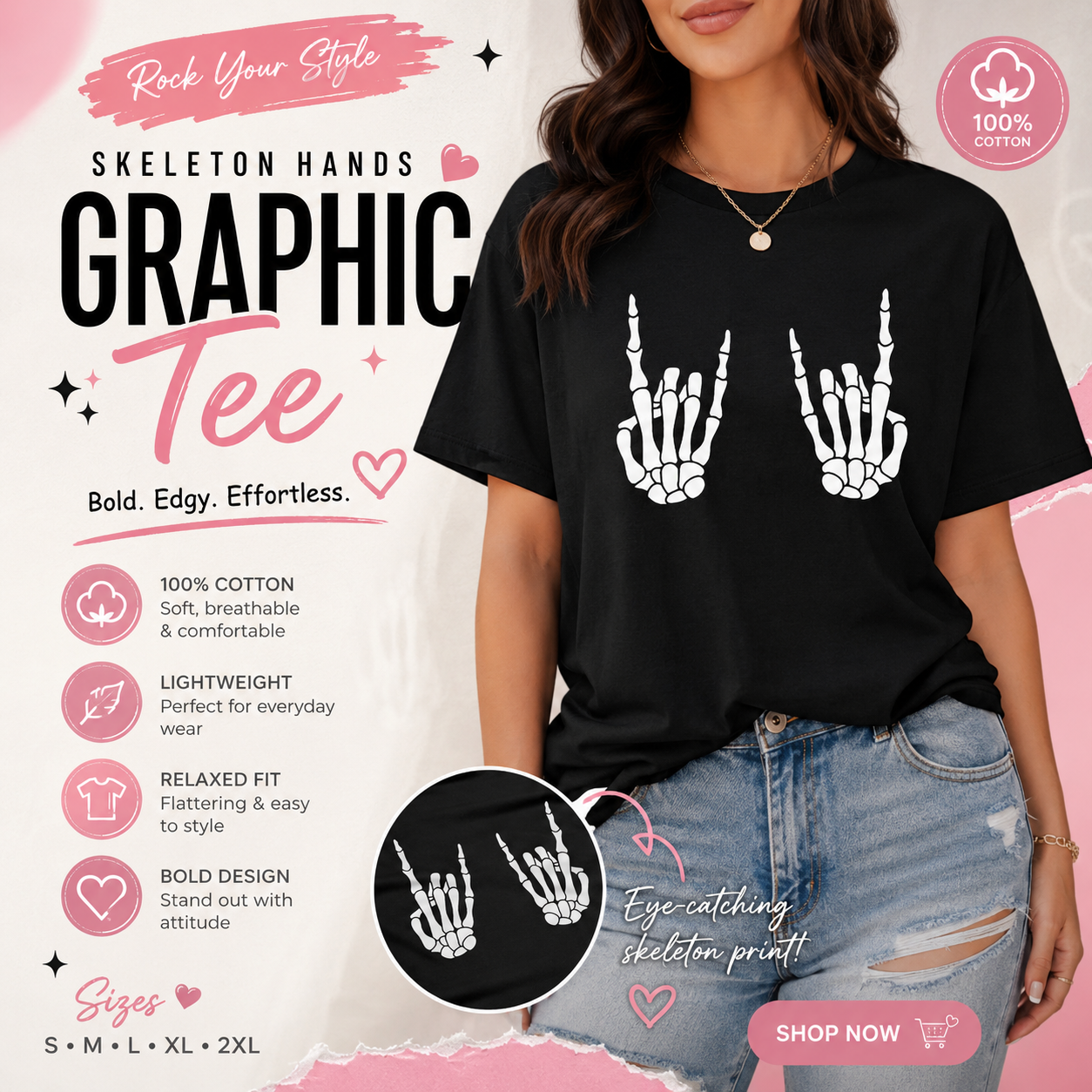 100% Cotton Women's Tee- Skeleton Hands