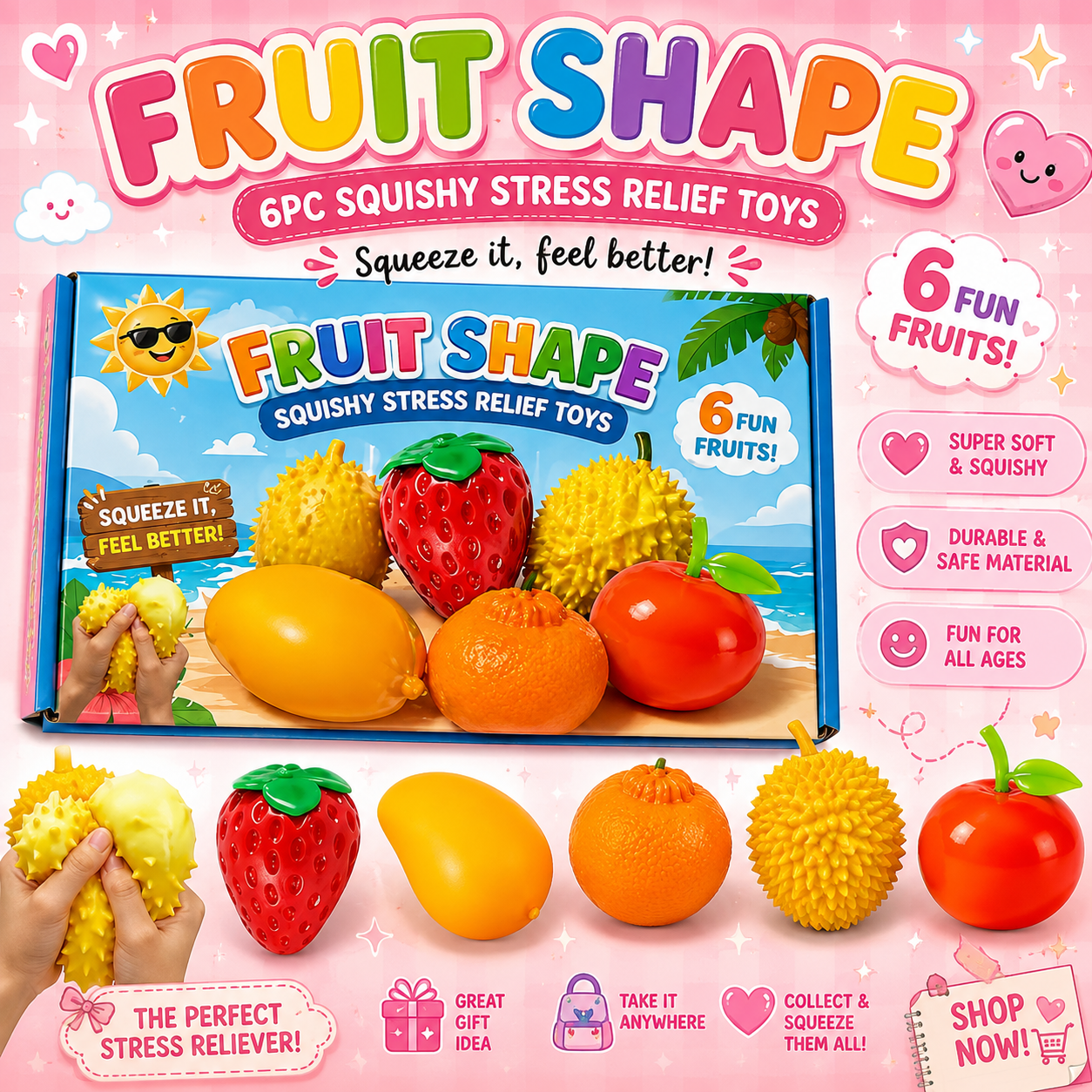 6 Piece Box of Fruit Squishies