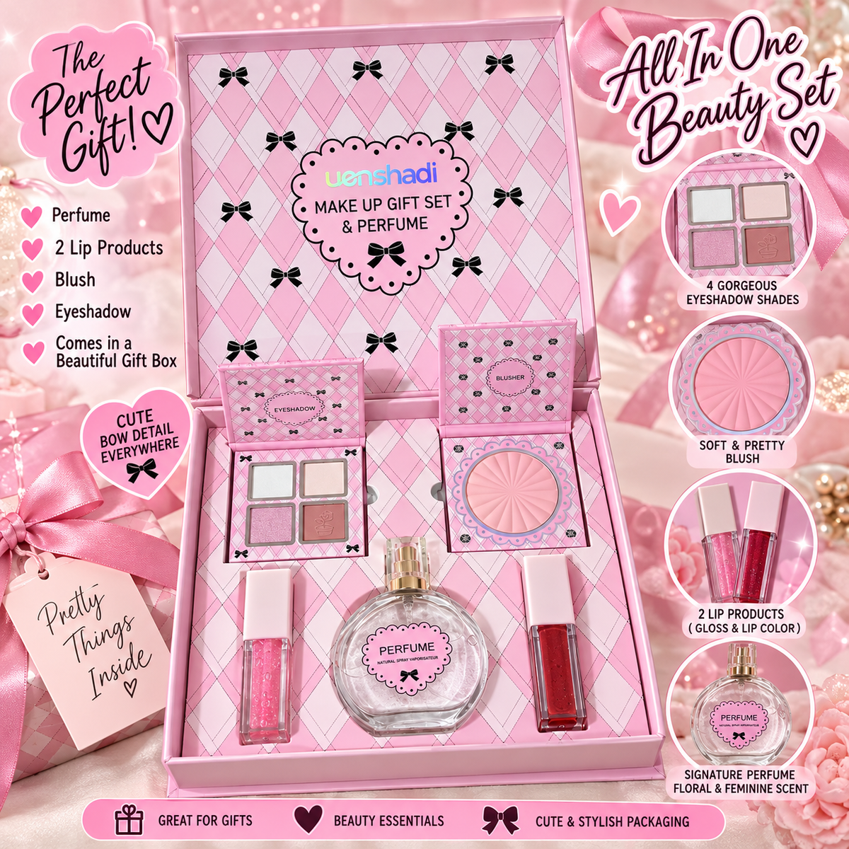 Cute coquette Gift set- Eyeshadow, blush, perfume and lippies