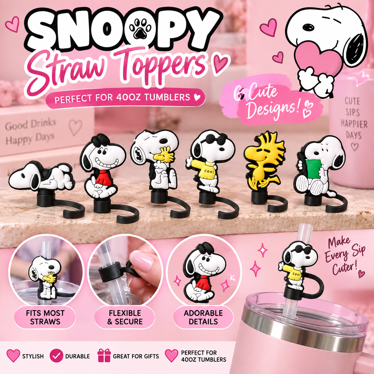 6PC  theme 40oz Straw toppers!