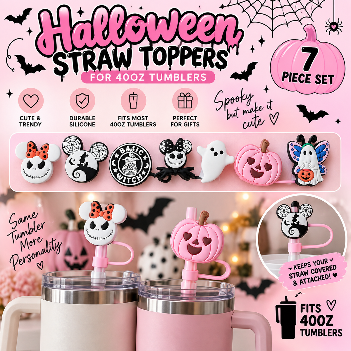 7 PC Halloween Straw toppers 40oz