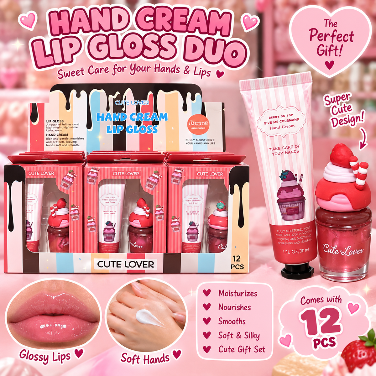 Strawberry Gourmand Lip gloss hand cream duos 12 pc display