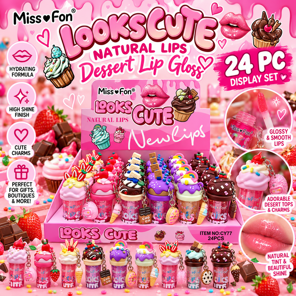 24 PC Lip gloss Cute dessert with charms