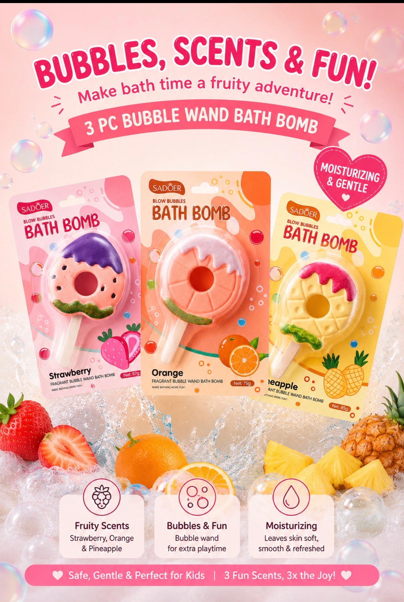 3 PC Long Lasting Bath Bombs- PINEAPPLE, STRAWBERRY, AND ORANGE
