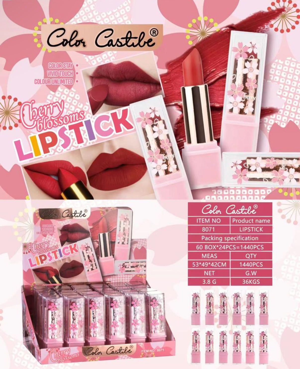 Cherry Blossom Matte Lipstick Box of 24 Dani's Wholesale