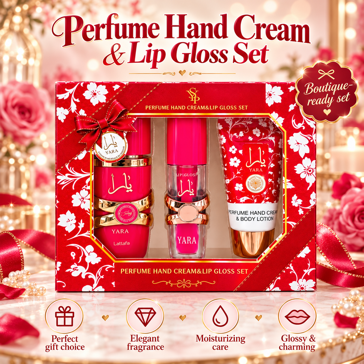 YARA Inspired Perfume, Hand Cream & Lip Gloss 3-Piece Gift Set – Luxury Fragrance Collection- CANDY
