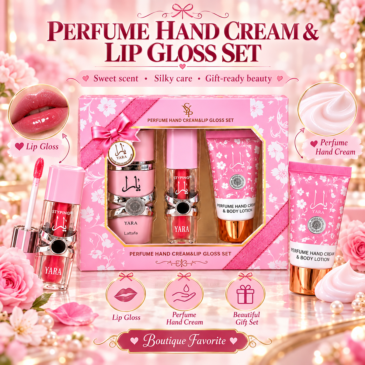 YARA Inspired Perfume, Hand Cream & Lip Gloss 3-Piece Gift Set – Luxury Fragrance Collection- Pink