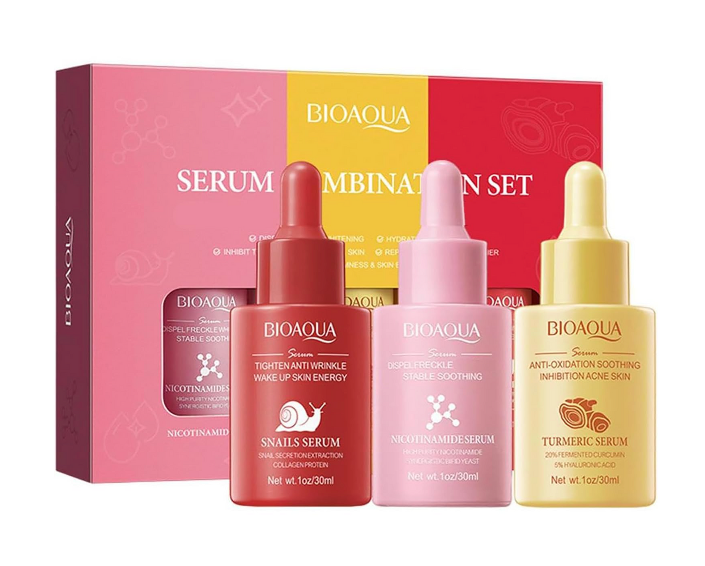 BIOAQUA 3 in 1 serum set box- Nicotinamide, Tumeric and Snail serum