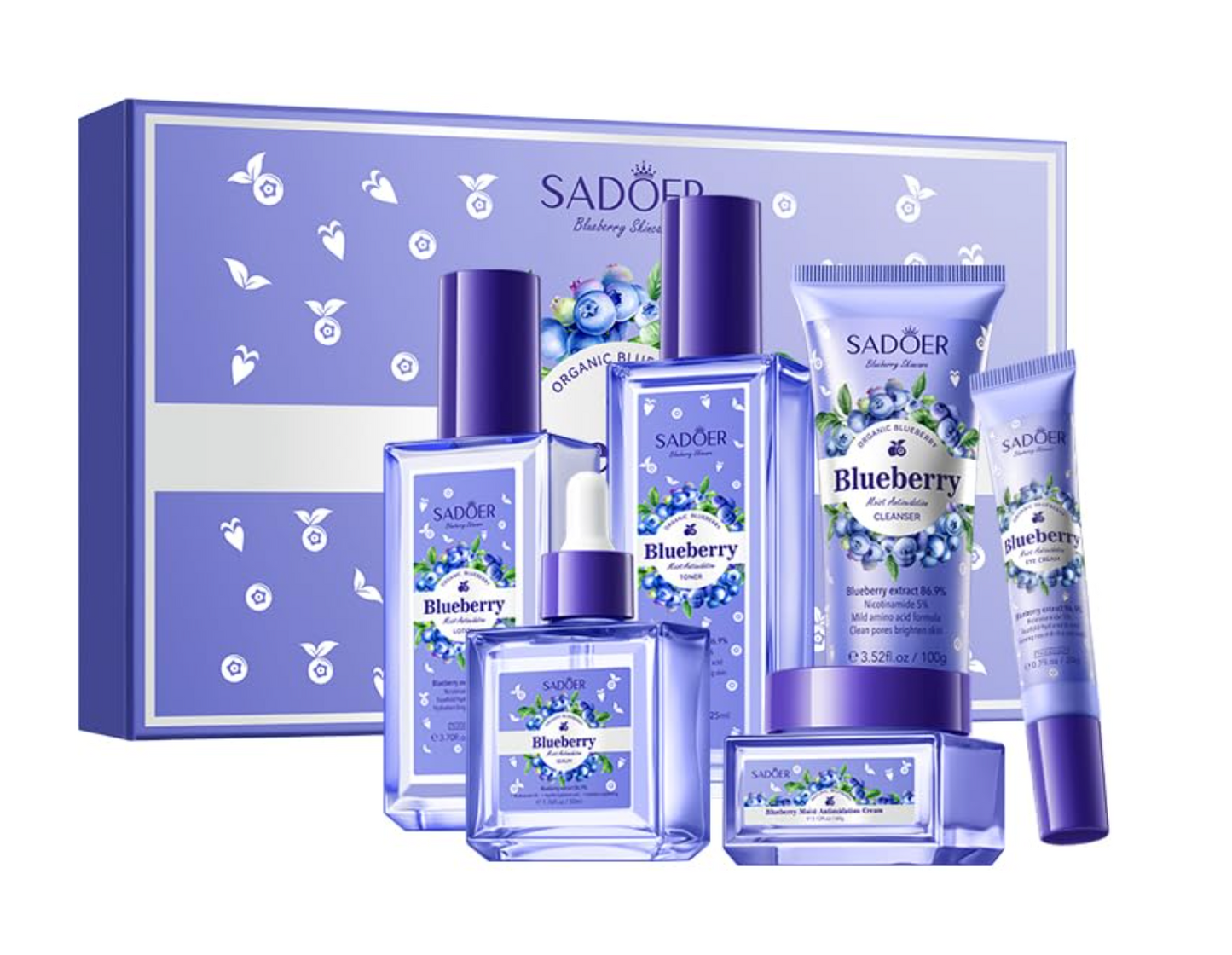 Blueberry Skin Care Set, 6-In-1 Skincare Gift Set With Facial Cleanser, Face Cream, Eye Cream, Serum, Lotion, Toner, Hydrating Skincare Gift Set For Women