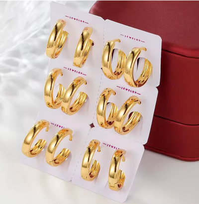 6 Sets- Classical 16 mm No Stone Smooth Hoop Earrings for Women- 24K Gold Platted Alloy