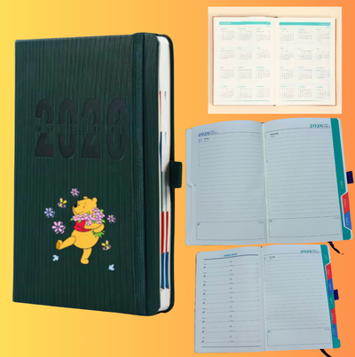Poooh A5 2026 Premium Planner 356 days- PU LEATHER- Calendar, planner, address book- 400 PAGES with elastic band