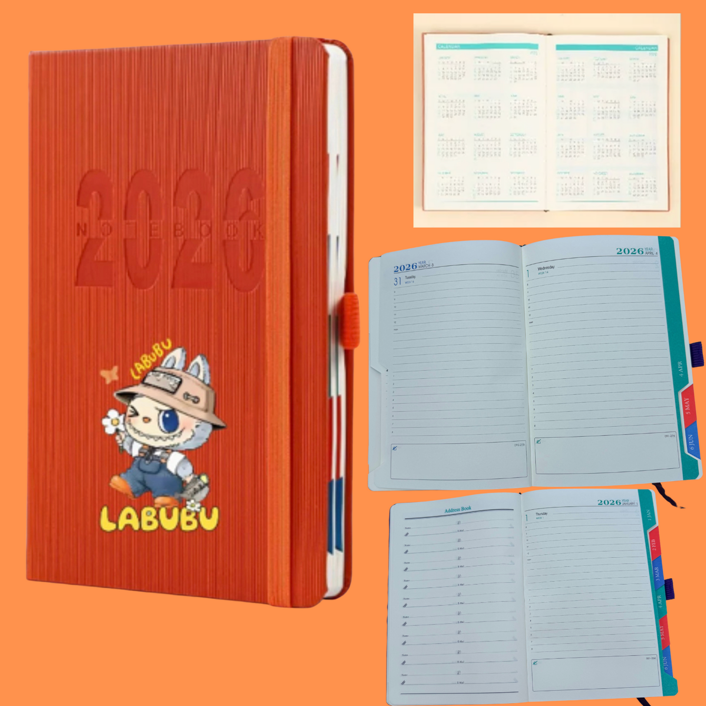 Labu A5 2026 Premium Planner 356 days- PU LEATHER- Calendar, planner, address book- 400 PAGES with elastic band (Copy) (Copy)