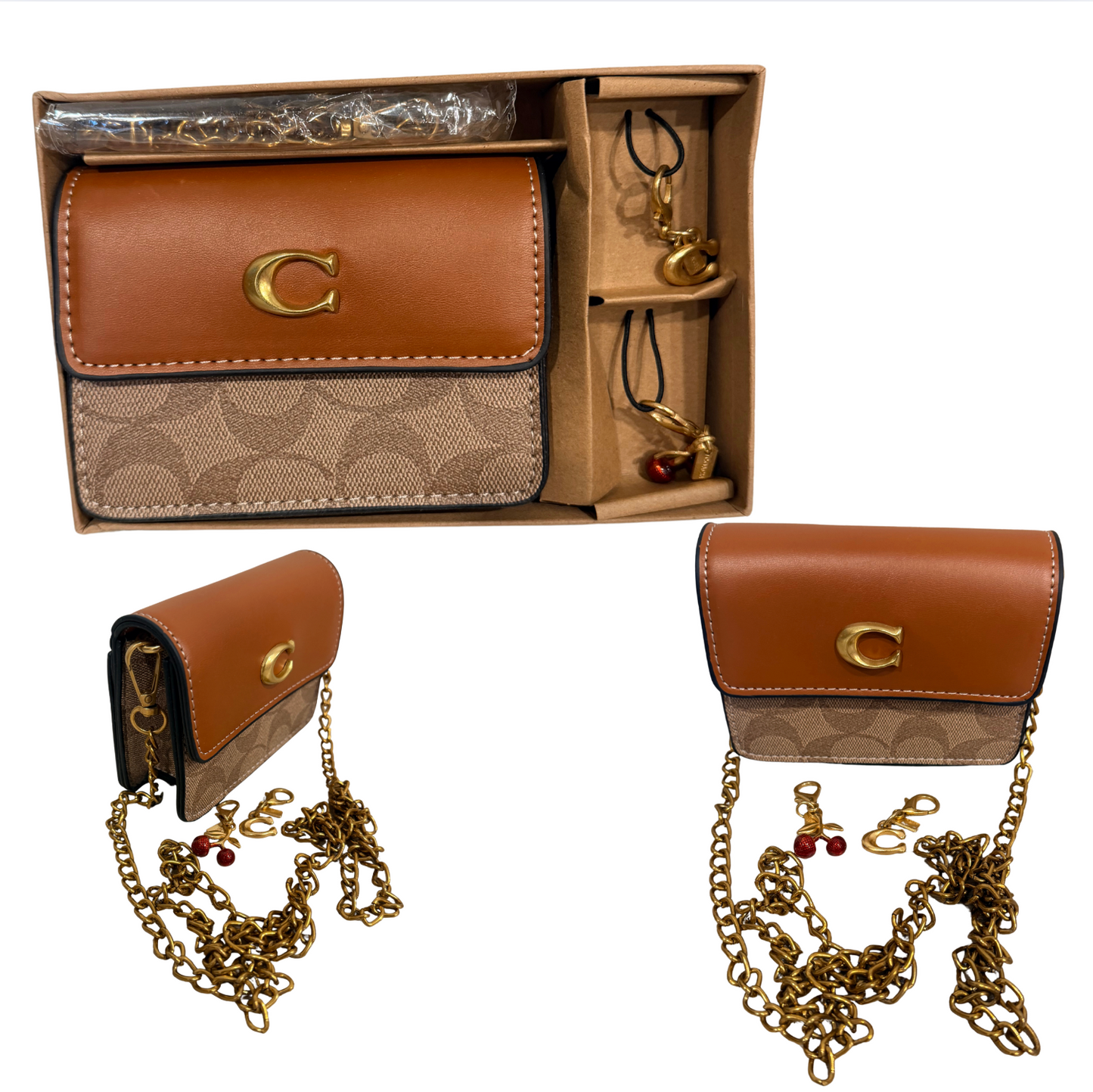 Inspired crossbody Mini Fold over with charms and chain- 5 x 3.5 inches