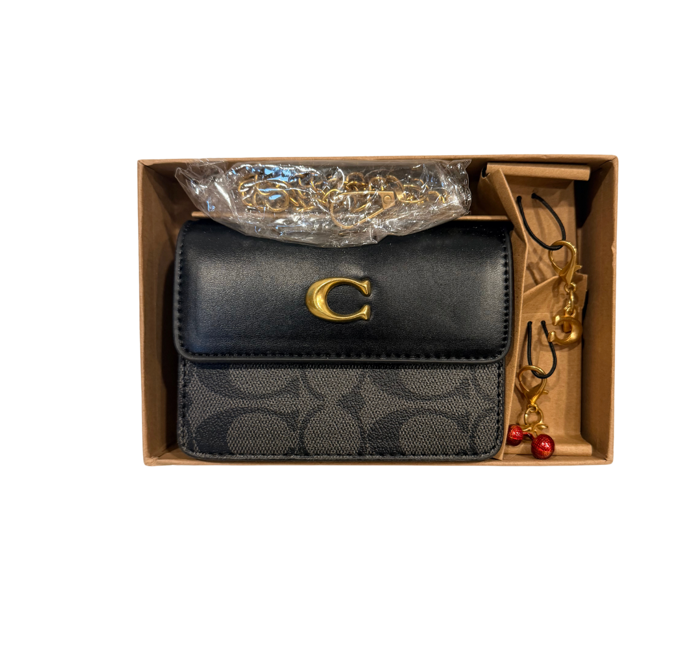 Inspired crossbody Mini Fold over with charms and chain- 5 x 3.5 inches