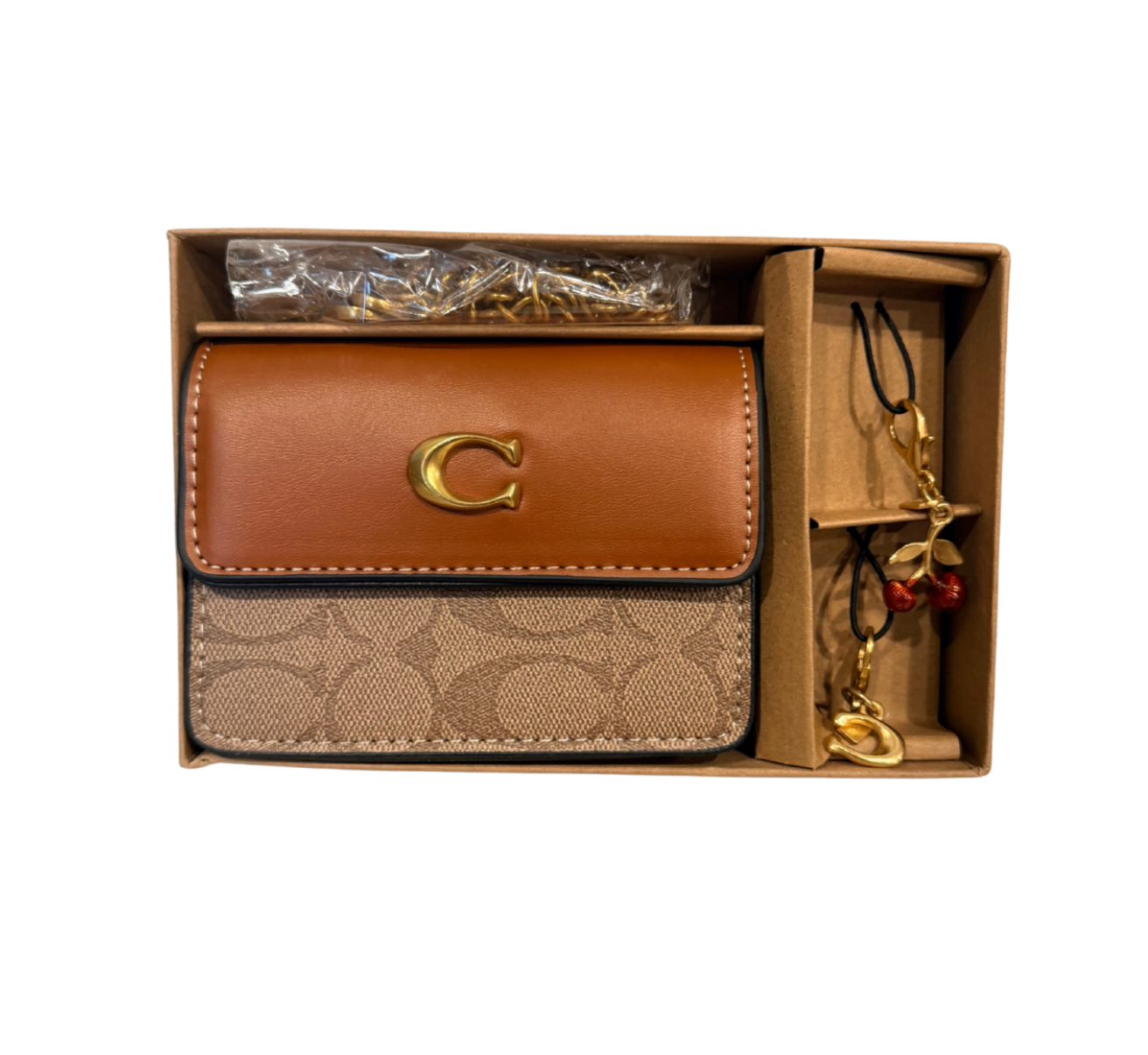 Inspired crossbody Mini Fold over with charms and chain- 5 x 3.5 inches