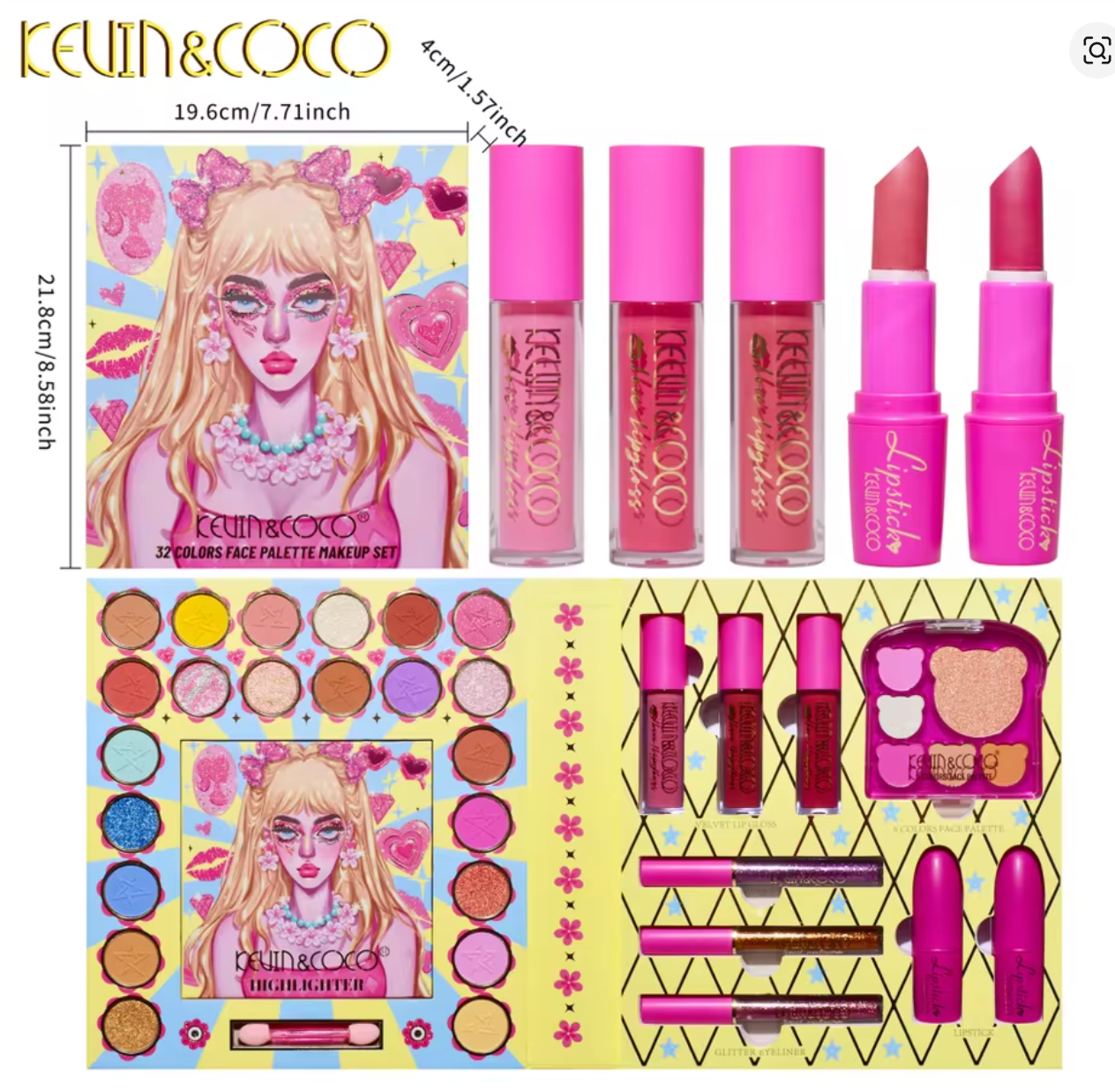 SALE! Kevin Coco Premium Eyeshadow Makeup set- Eyeshadow, Lip, Highlighter palette, Lipstick set (Copy)