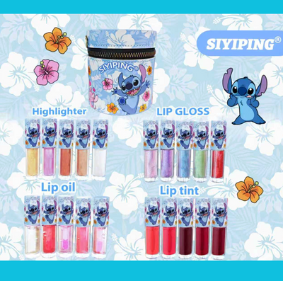 BLUE MONSTER CYLINDER PURSE WITH HANLDE AND FILLED WITH LIPPIES, HIGHLIGHTER, LIP OIL AND TINT