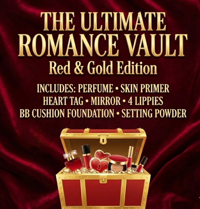 The Ultimate Romance VAULT | Red & Gold Edition- Perfume, Skin Primer, Heart Tag, Mirror, 4 Lippies, BB cushion foundation, Setting Powder