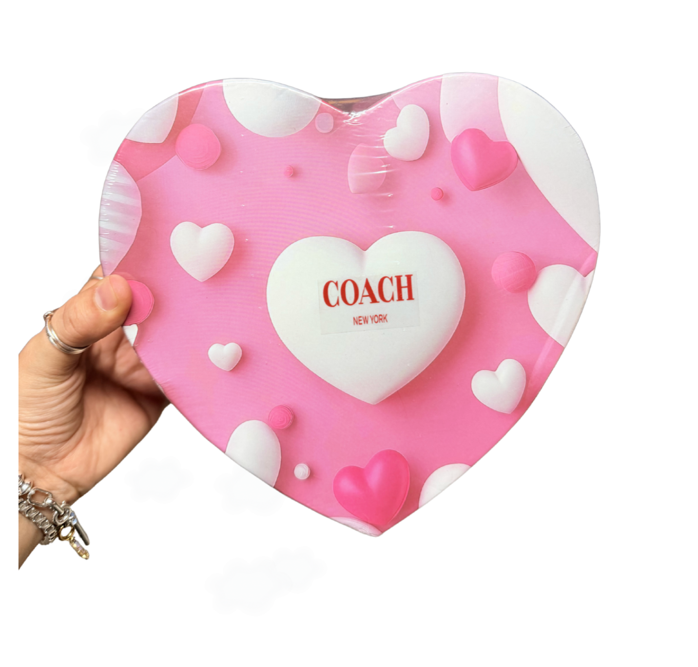 Embossed raised Logo Heart shaped Bag with Strap- HE by ART BOX INCLUDED