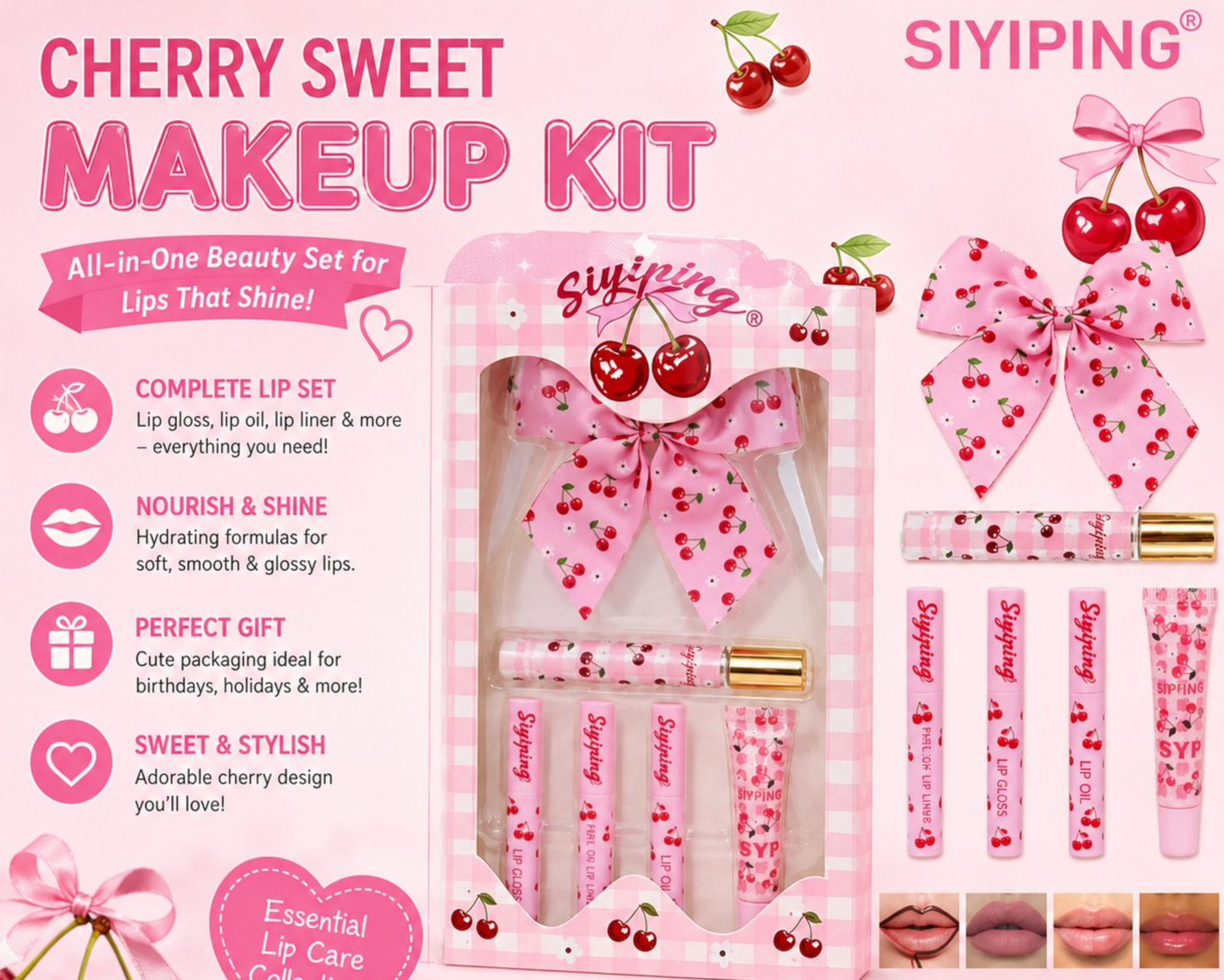 Cherry Lip Kit set with Bow AND PERFUME