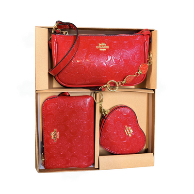 3 PC Box Set- Bag, wallet and heart coin pouch- Red Glossy