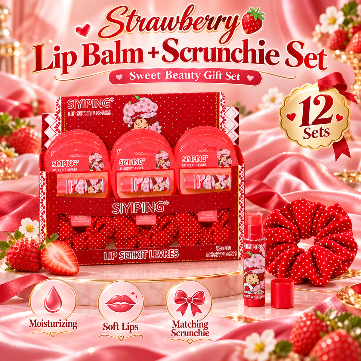 12 PC Lip Balm and Scrunchie set strawberry