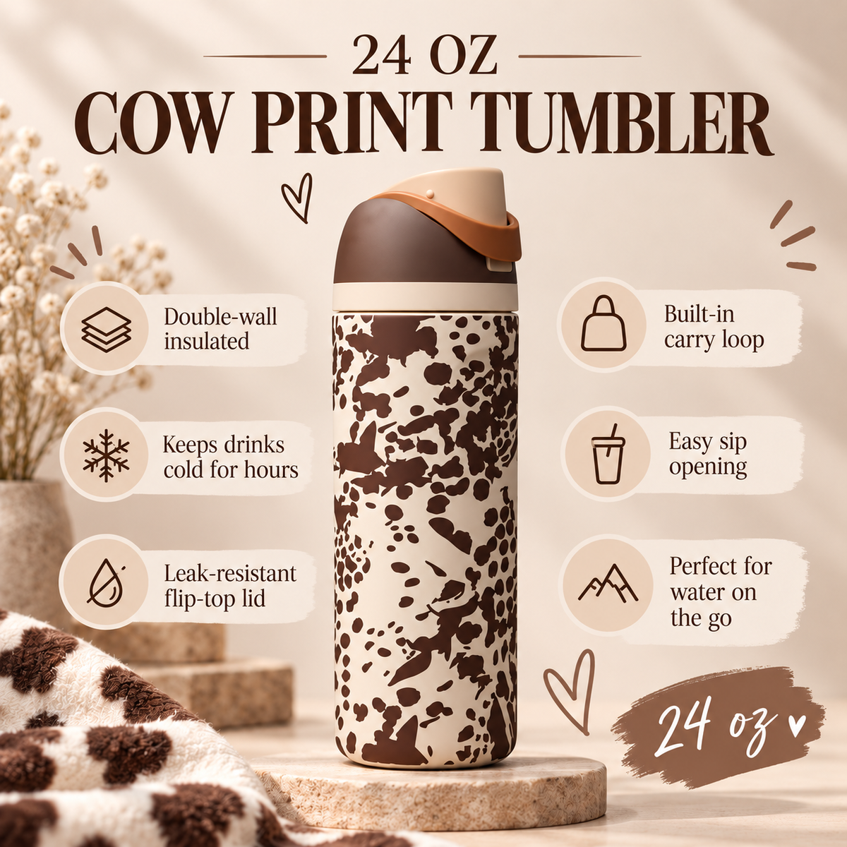 24 OZ Cow Print with box