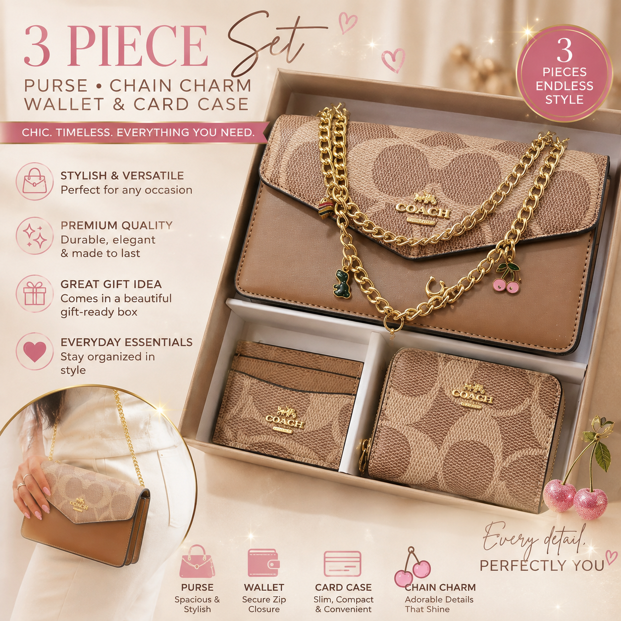 Khaki 3 PC Set Includes charm chain, wallet and card case