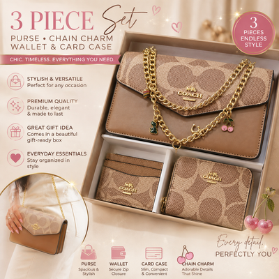 Khaki 3 PC Set Includes charm chain, wallet and card case