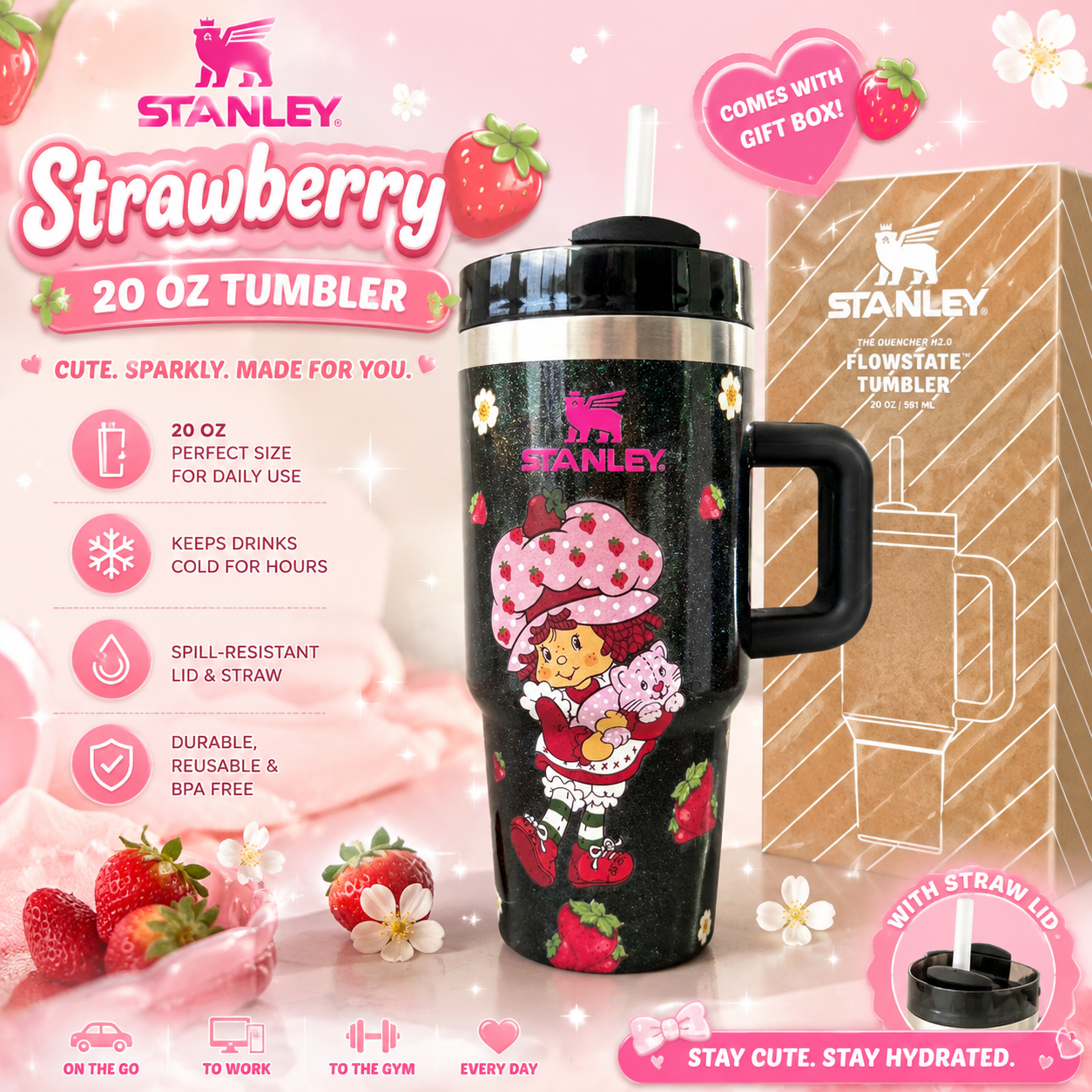 20OZ Tumbler Strawberry 🍓 Glitter with brown box